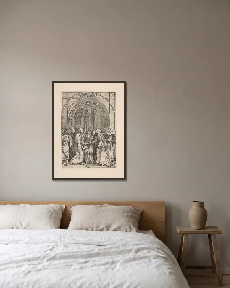 The Marriage of the Virgin av Albrecht Dürer inramad på en vägg