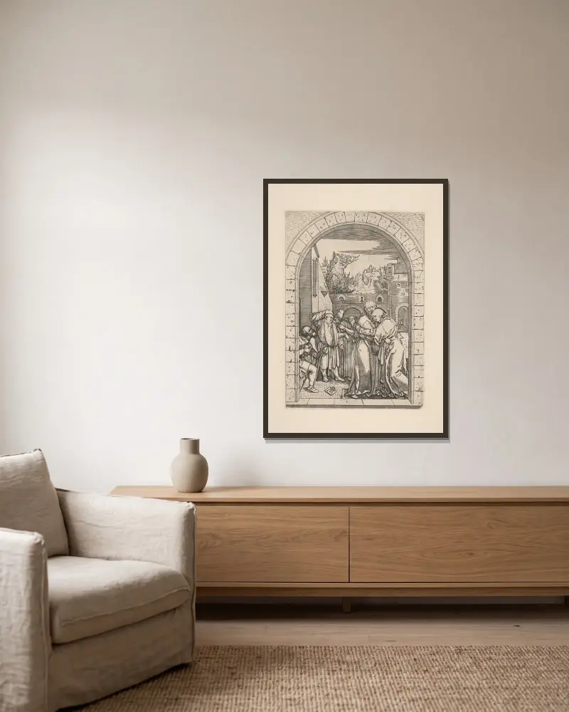 The Meeting of Joachim and Anne at the Golden Gate av Albrecht Dürer inramad på en vägg