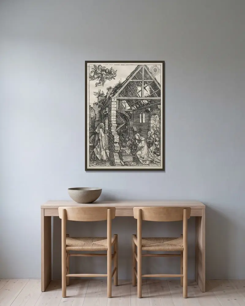 The Nativity, 1504 – nr 2 av Albrecht Dürer inramad på en vägg