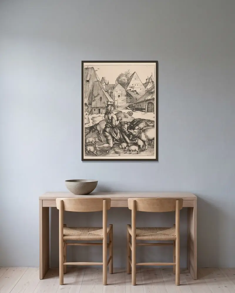 The prodigal son. – nr 1 av Albrecht Dürer inramad på en vägg