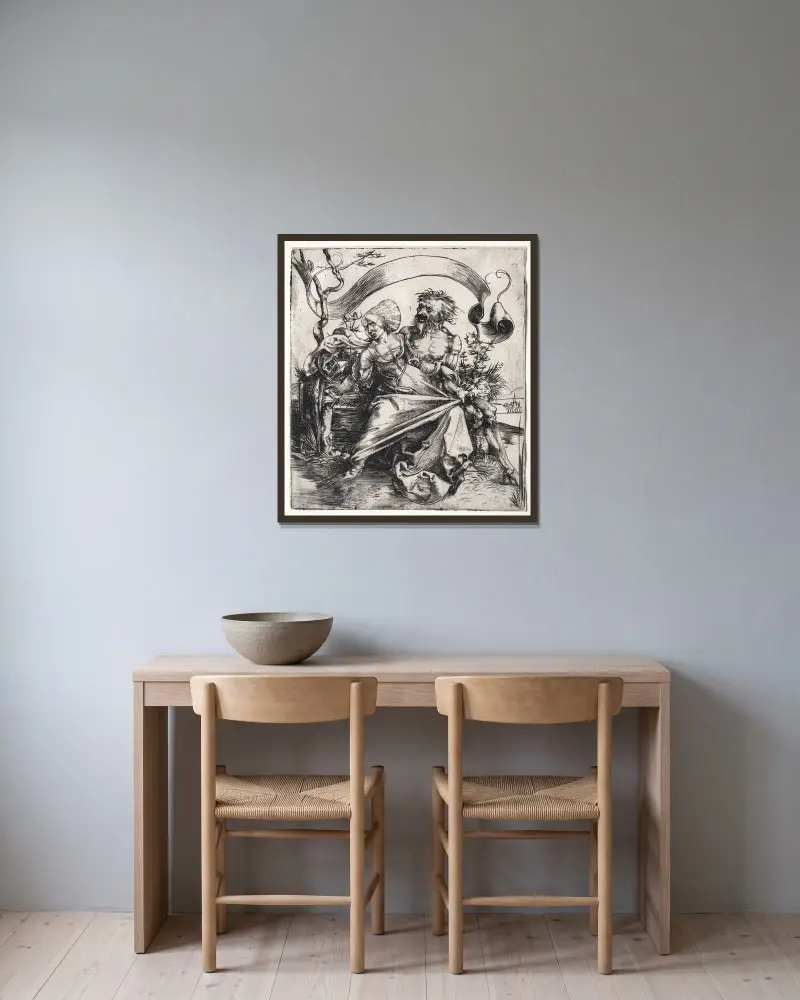 The Ravisher av Albrecht Dürer inramad på en vägg