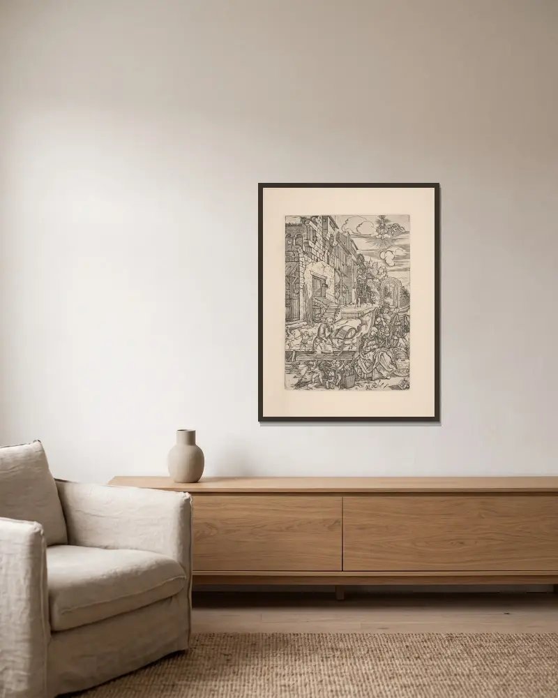 Die Ruhe auf der Flucht nach Ägypten von Albrecht Dürer gerahmt an einer Wand