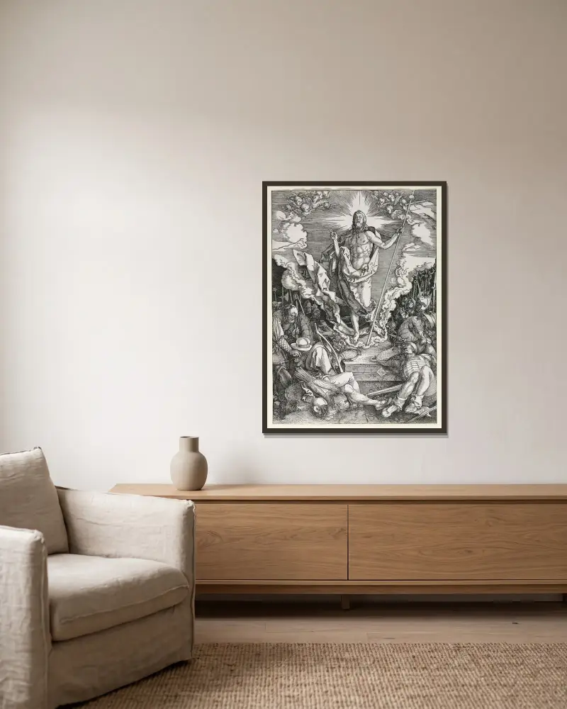 The Resurrection, 1510 av Albrecht Dürer inramad på en vägg