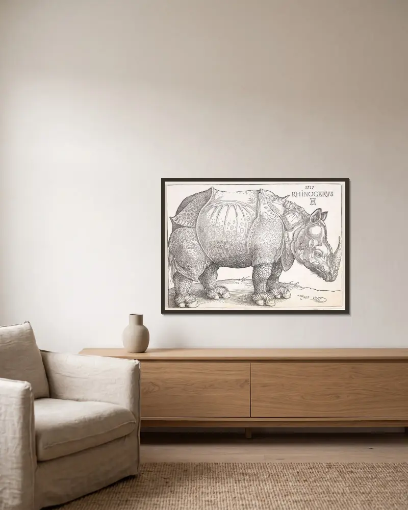 The rhinoceros, 1515 – nr 2 av Albrecht Dürer inramad på en vägg