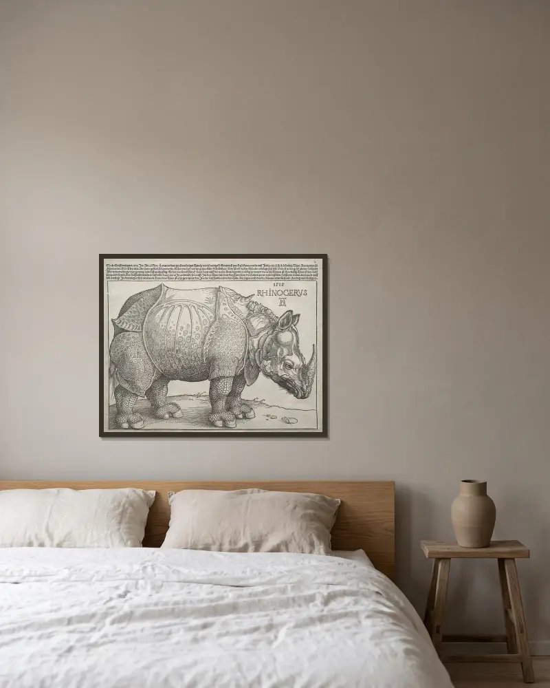 Das Rhinozeros, 1515 – Nr. 1 von Albrecht Dürer gerahmt an einer Wand