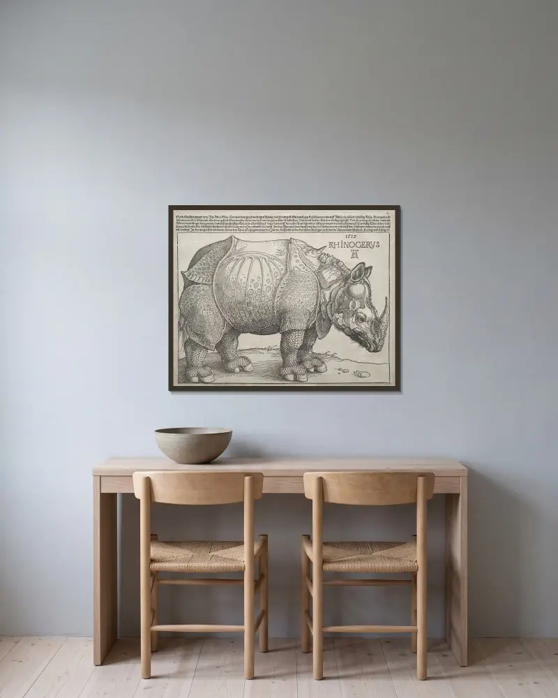 Das Rhinozeros, 1515 – Nr. 1 von Albrecht Dürer gerahmt an einer Wand