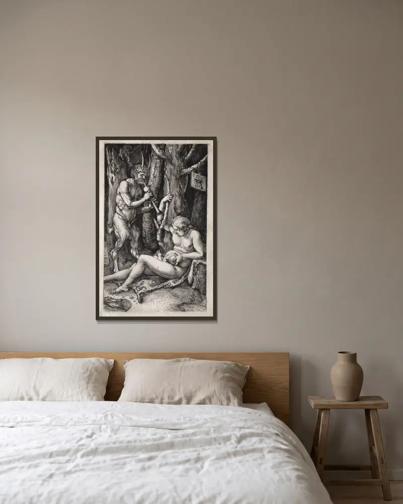 The Satyr Family av Albrecht Dürer inramad på en vägg