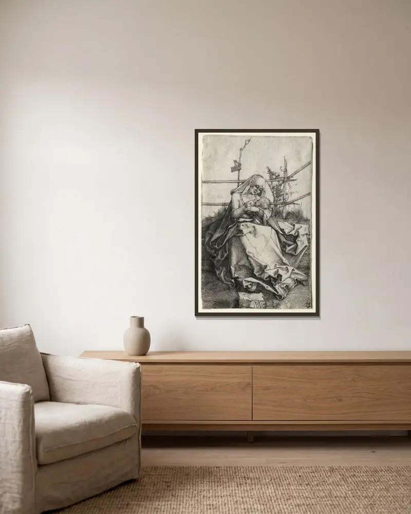 Madonnan och barnet på en gräsbänk av Albrecht Dürer inramad på en vägg