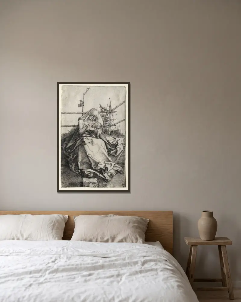 Madonnan och barnet på en gräsbänk av Albrecht Dürer inramad på en vägg
