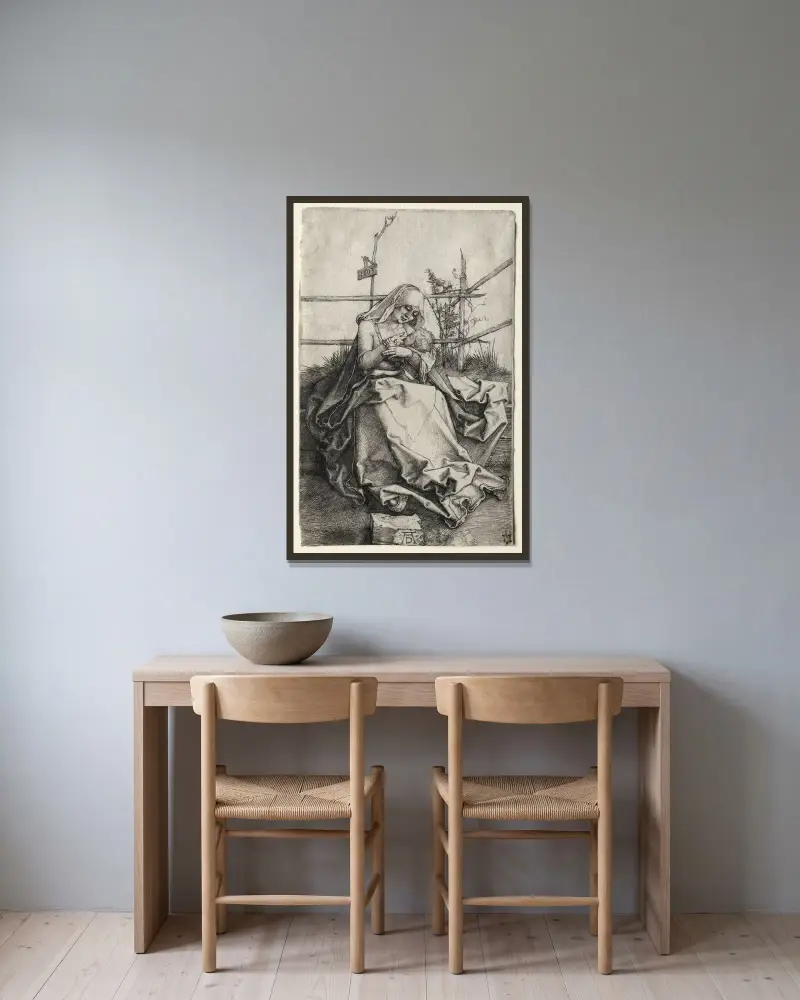 Madonnan och barnet på en gräsbänk av Albrecht Dürer inramad på en vägg