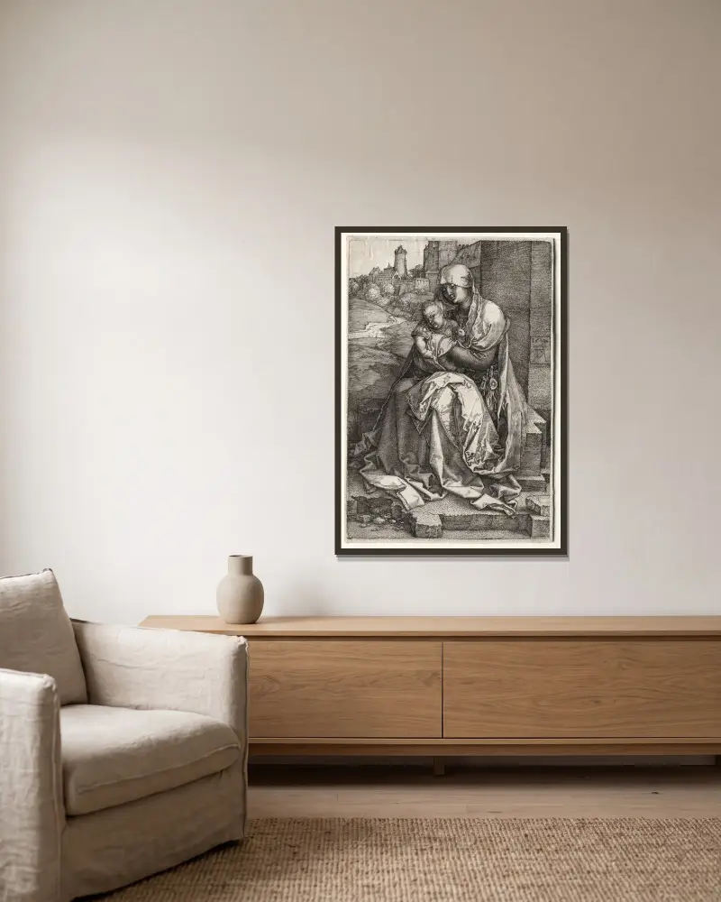 Die Jungfrau und das Kind an der Mauer von Albrecht Dürer gerahmt an einer Wand