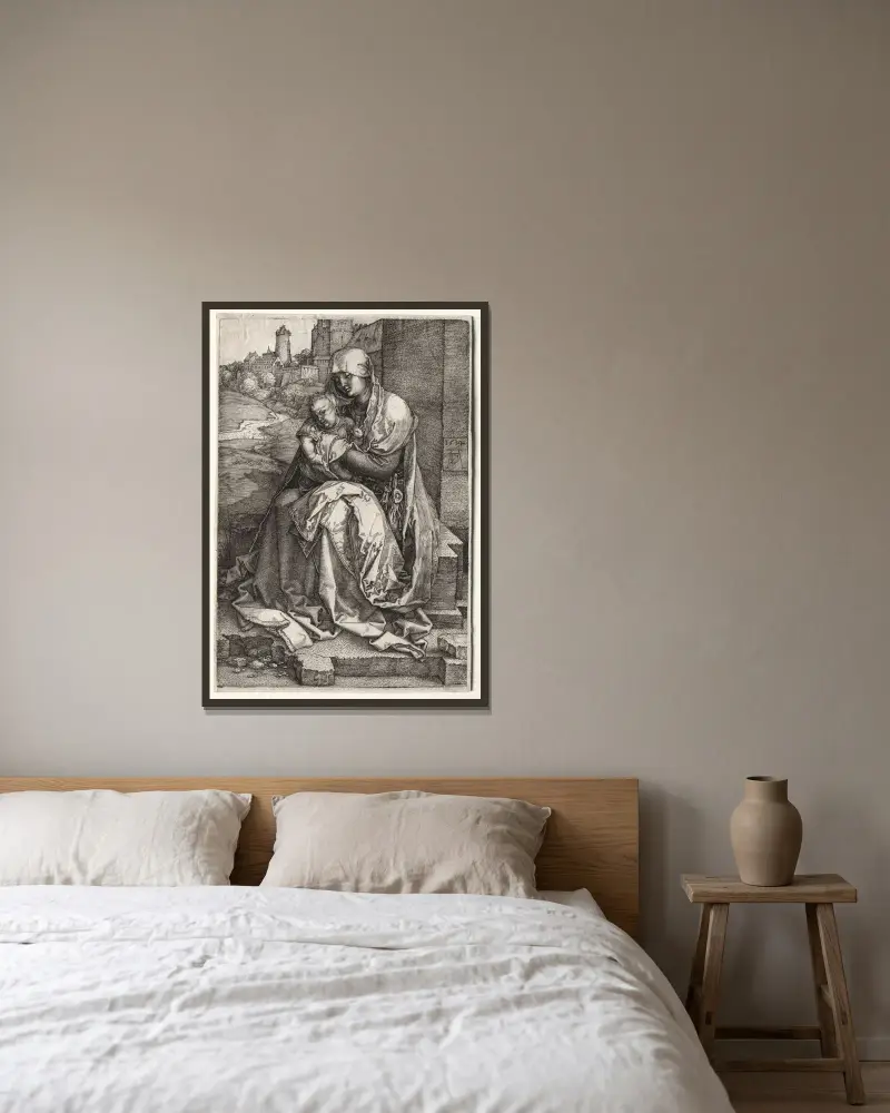Die Jungfrau und das Kind an der Mauer von Albrecht Dürer gerahmt an einer Wand