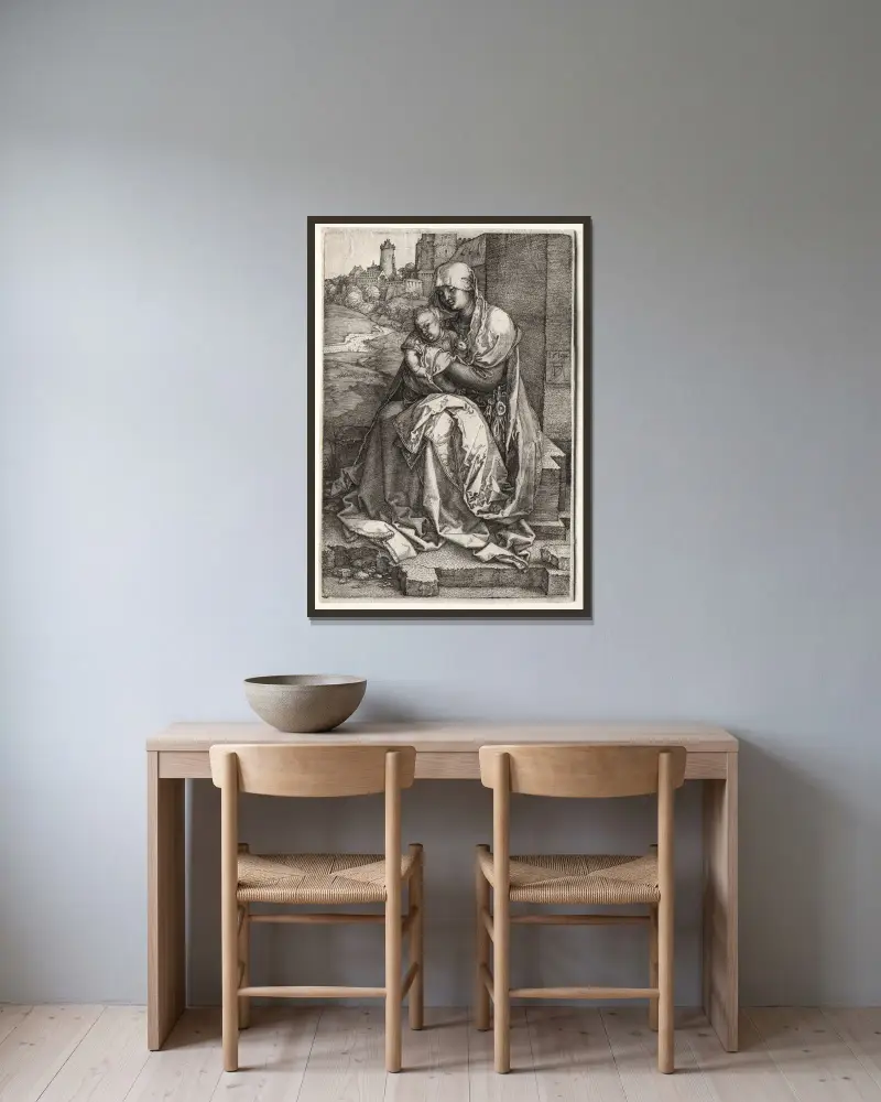 Die Jungfrau und das Kind an der Mauer von Albrecht Dürer gerahmt an einer Wand