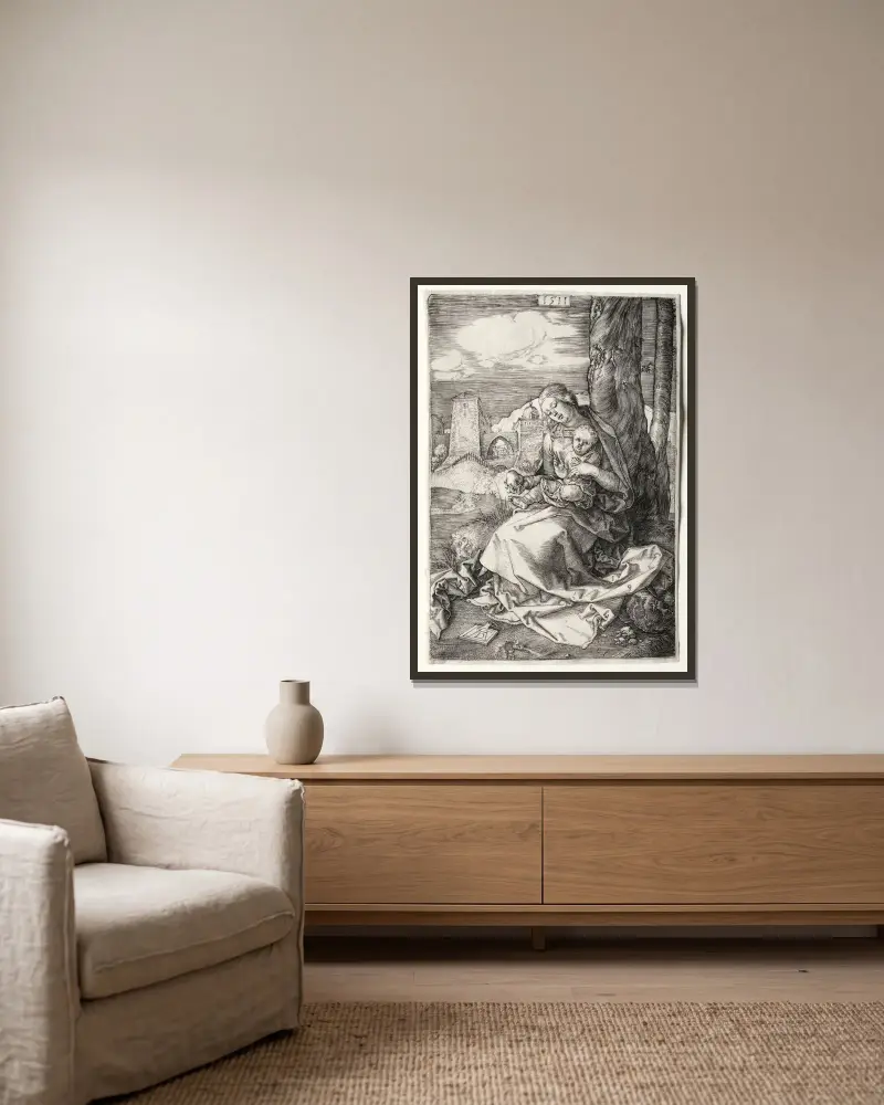 Jungfrun och barnet med päronet av Albrecht Dürer inramad på en vägg