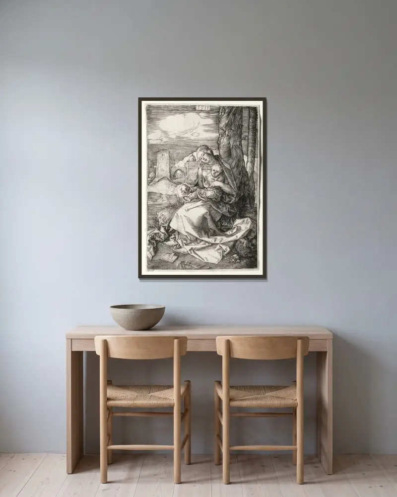 Jungfrun och barnet med päronet av Albrecht Dürer inramad på en vägg
