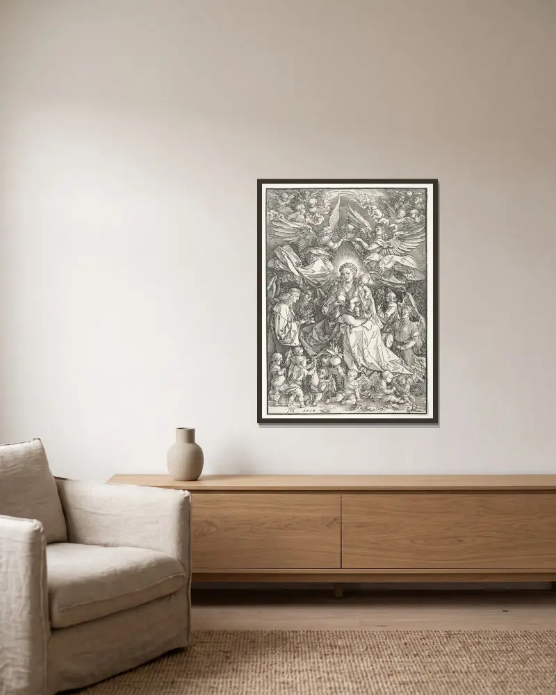 The Virgin Surrounded by Many Angels av Albrecht Dürer inramad på en vägg