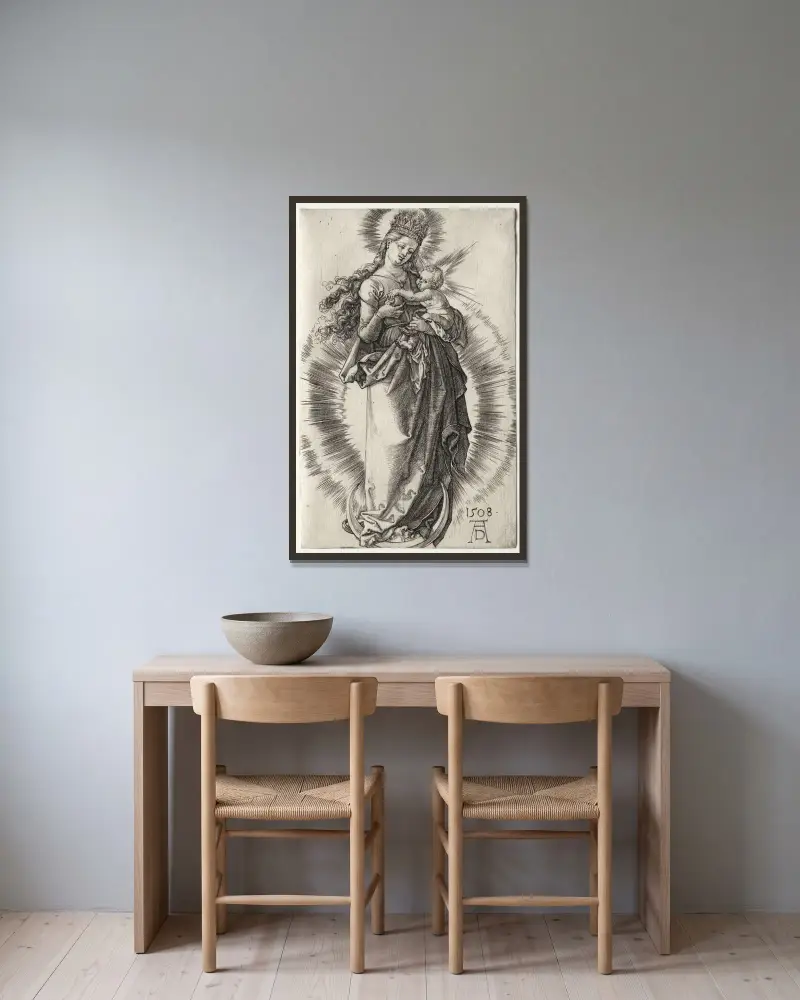 Panna Marie s hvězdnou korunou, Albrecht Dürer v rámu na stěně