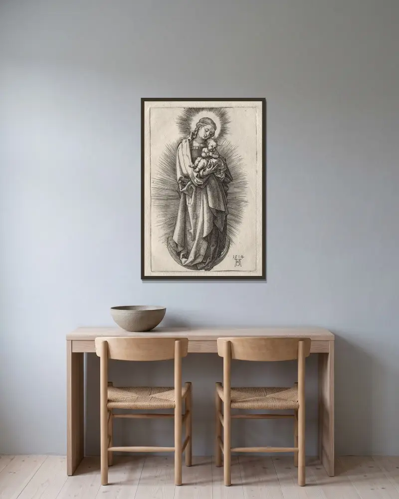 Jungfrun med hårband på en månskära av Albrecht Dürer inramad på en vägg
