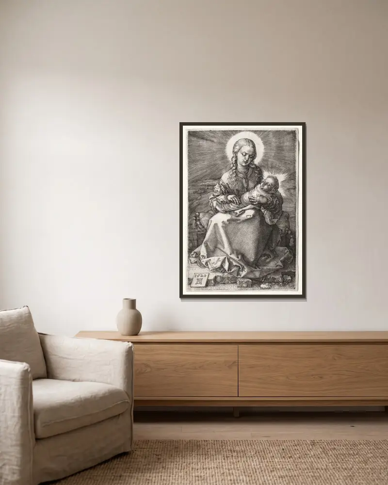 Jungfrun med det lindade barnet av Albrecht Dürer inramad på en vägg