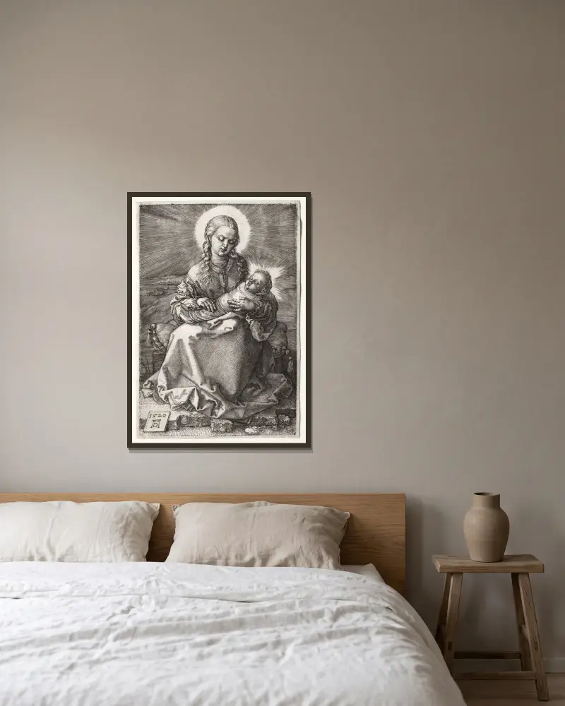 Jungfrun med det lindade barnet av Albrecht Dürer inramad på en vägg