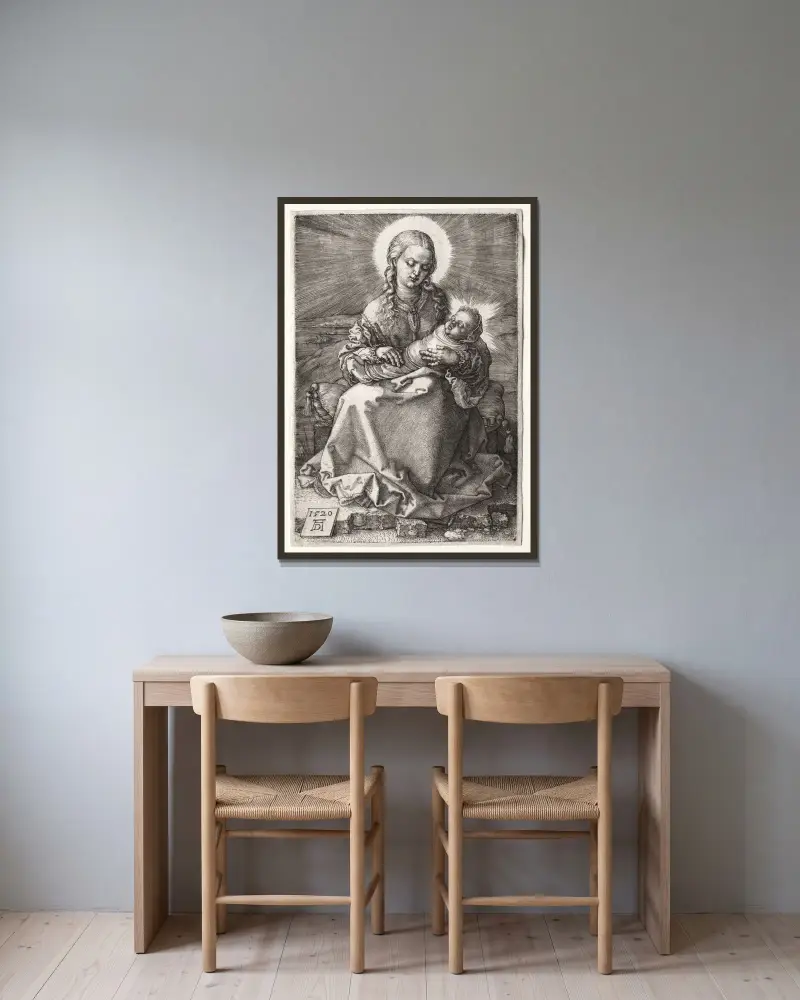 Jungfrun med det lindade barnet av Albrecht Dürer inramad på en vägg