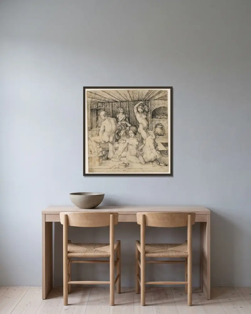 The Women’s Bath av Albrecht Dürer inramad på en vägg