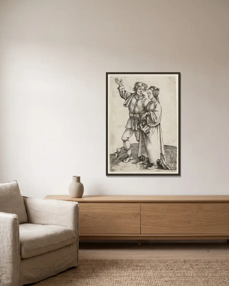 Der junge Bauer und seine Frau von Albrecht Dürer gerahmt an einer Wand