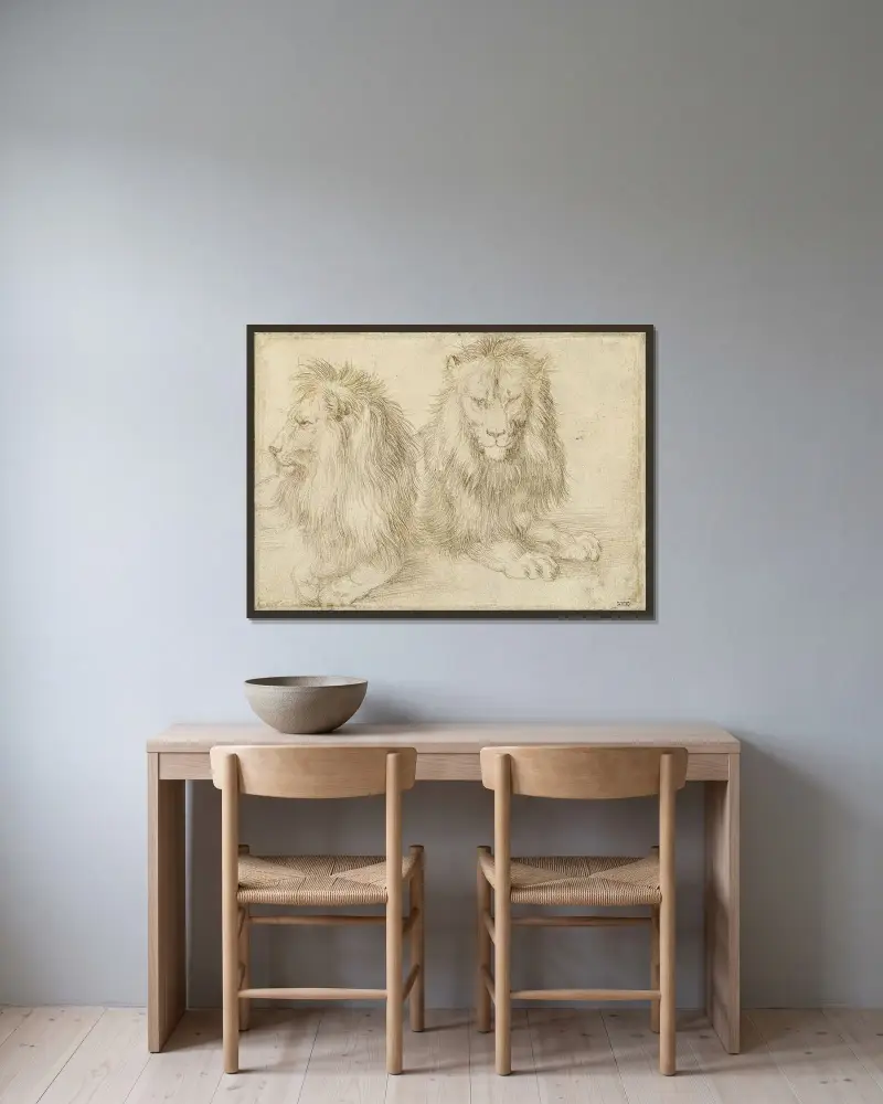 Two seated lion av Albrecht Dürer inramad på en vägg