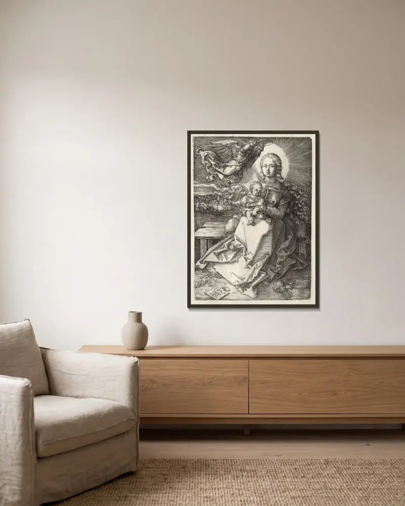 Jungfrun kröns av en ängel av Albrecht Dürer inramad på en vägg