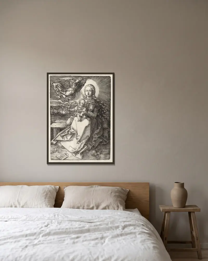 Jungfrun kröns av en ängel av Albrecht Dürer inramad på en vägg