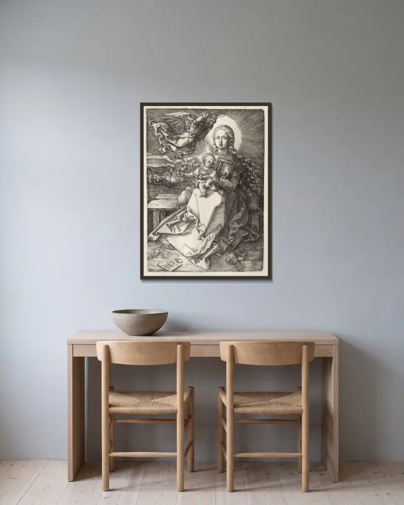 Jungfrun kröns av en ängel av Albrecht Dürer inramad på en vägg