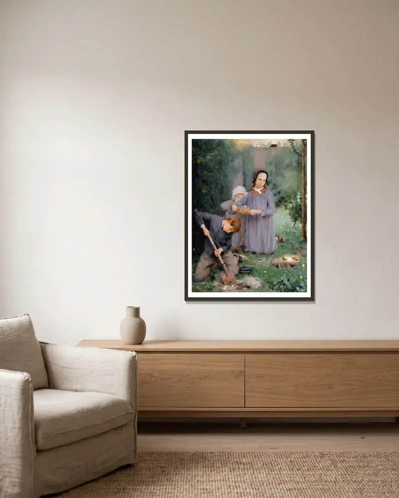 Kinder begraben einen Vogel von Julian Alden Weir gerahmt an einer Wand