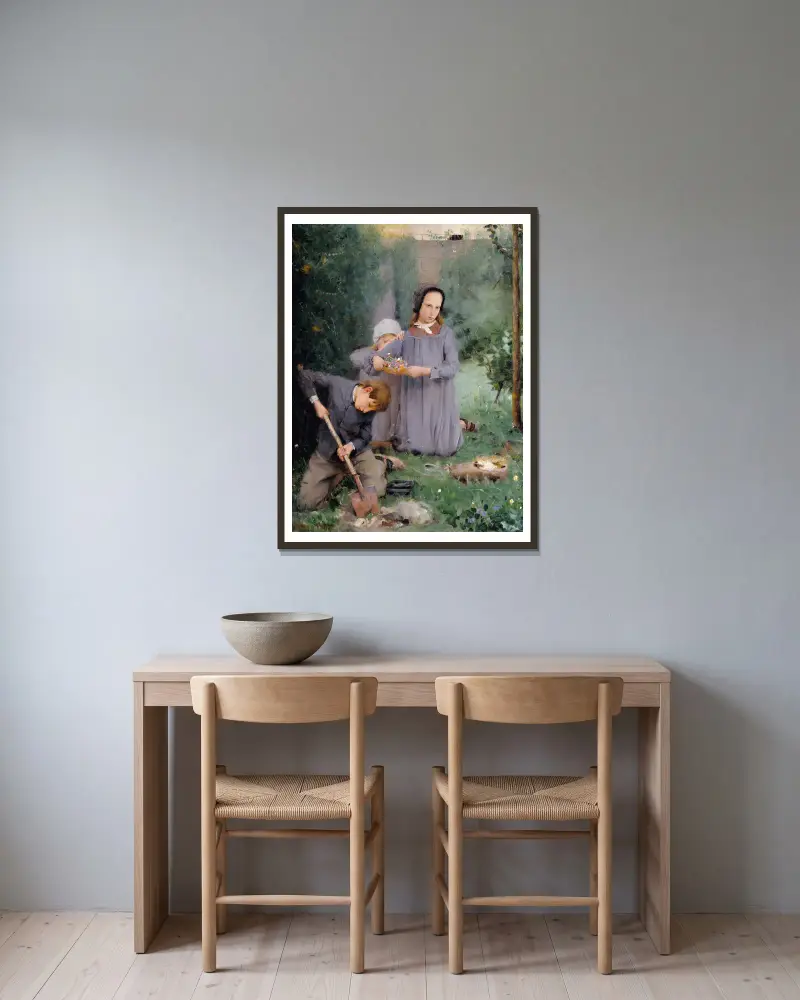Kinder begraben einen Vogel von Julian Alden Weir gerahmt an einer Wand