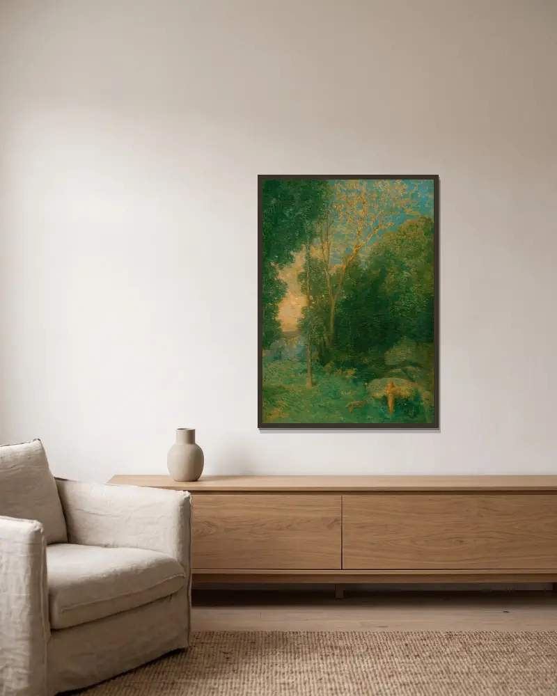 Pan und der Wolf von Julian Alden Weir gerahmt an einer Wand
