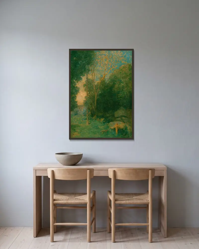 Pan und der Wolf von Julian Alden Weir gerahmt an einer Wand