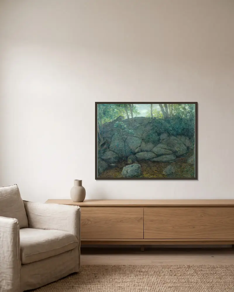 Waldstück mit Steinen von Julian Alden Weir gerahmt an einer Wand