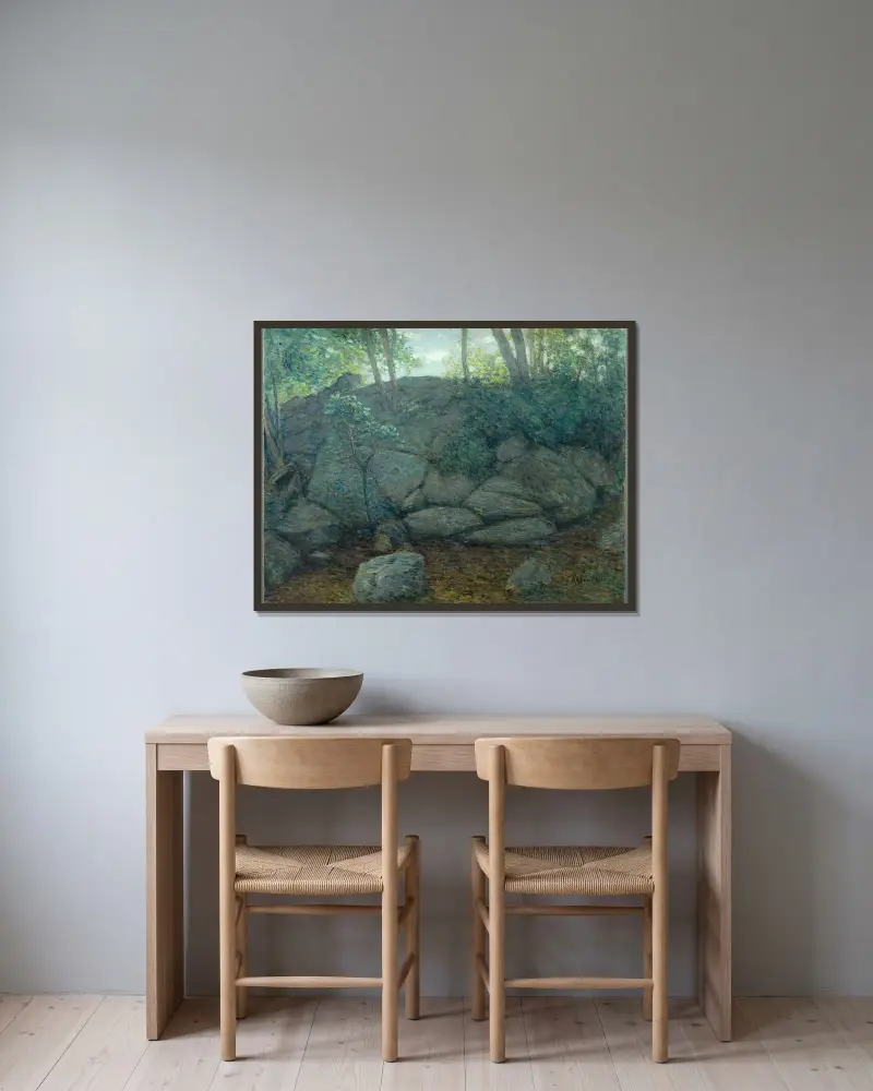 Waldstück mit Steinen von Julian Alden Weir gerahmt an einer Wand