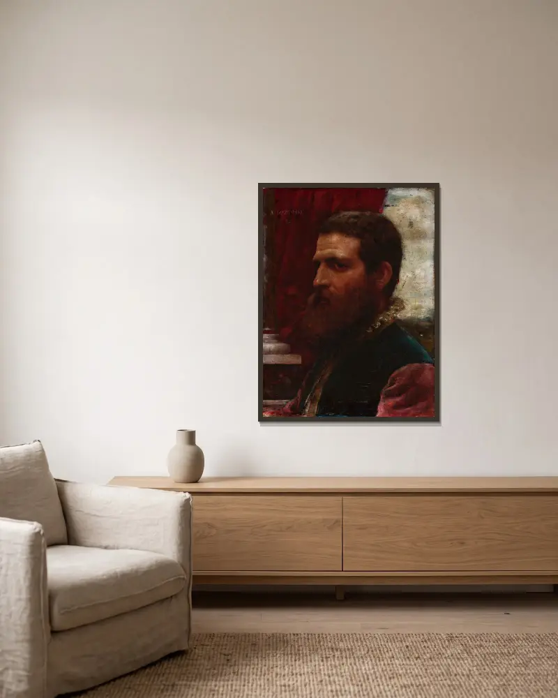 Büste eines Mannes in Renaissancekostüm (venezianisch) von Aleksander Gierymski gerahmt an einer Wand