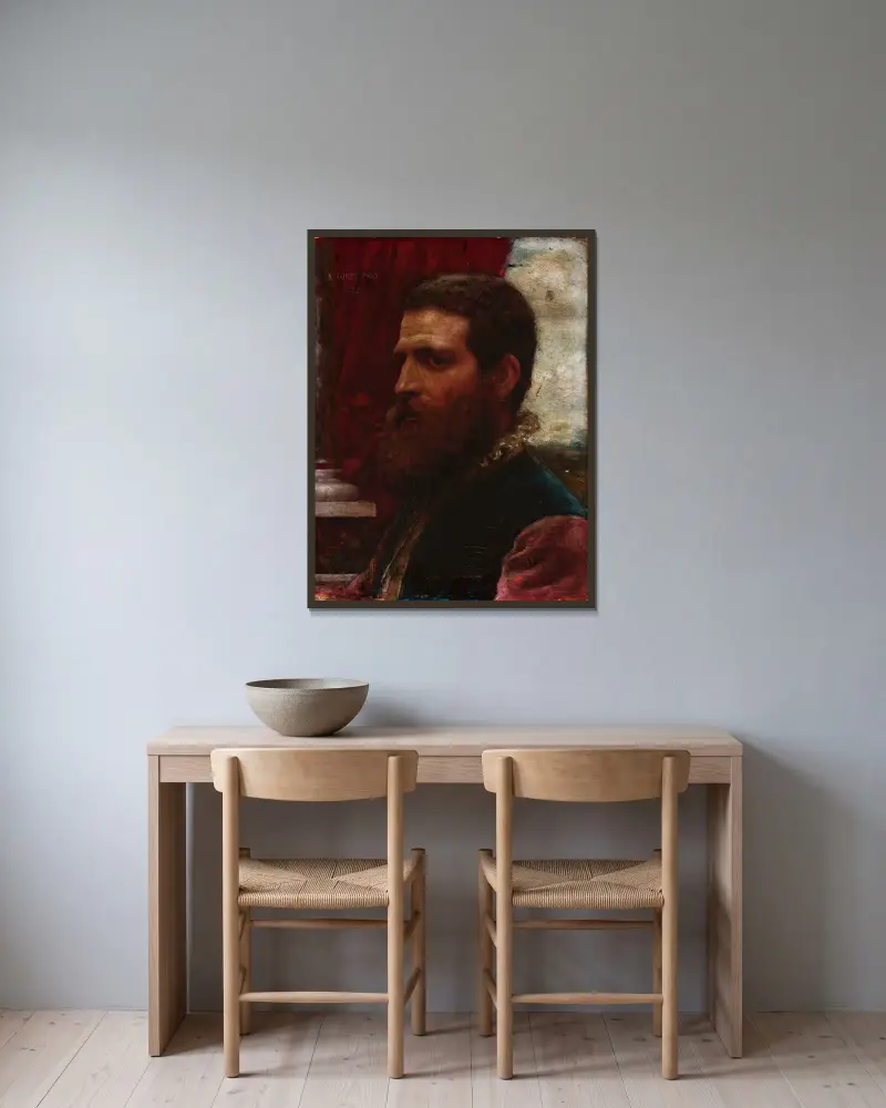 Büste eines Mannes in Renaissancekostüm (venezianisch) von Aleksander Gierymski gerahmt an einer Wand