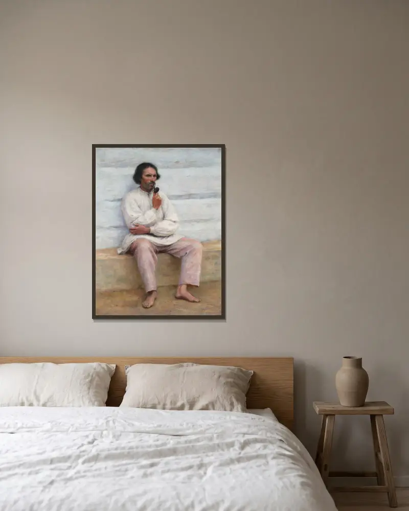 Bauer beim Pfeifenrauchen, Studie zum Gemälde „Bauernsarg“ von Aleksander Gierymski gerahmt an einer Wand