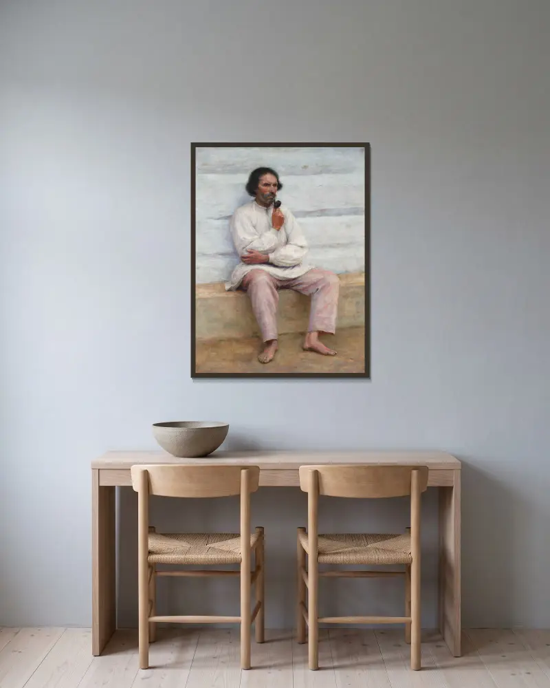 Bauer beim Pfeifenrauchen, Studie zum Gemälde „Bauernsarg“ von Aleksander Gierymski gerahmt an einer Wand