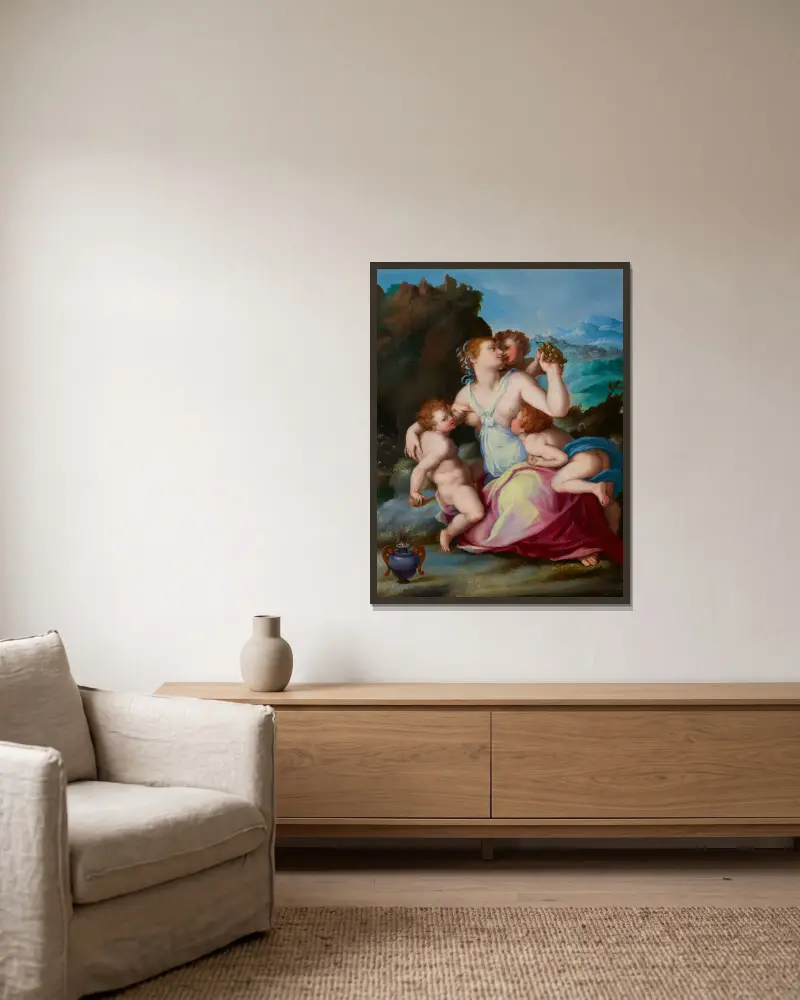Charity av Alessandro Allori inramad på en vägg