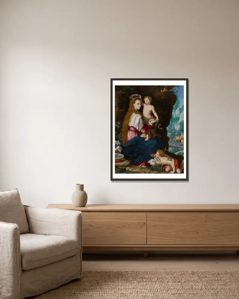 Madonnan med Johannes Döparen som barn av Alessandro Allori inramad på en vägg