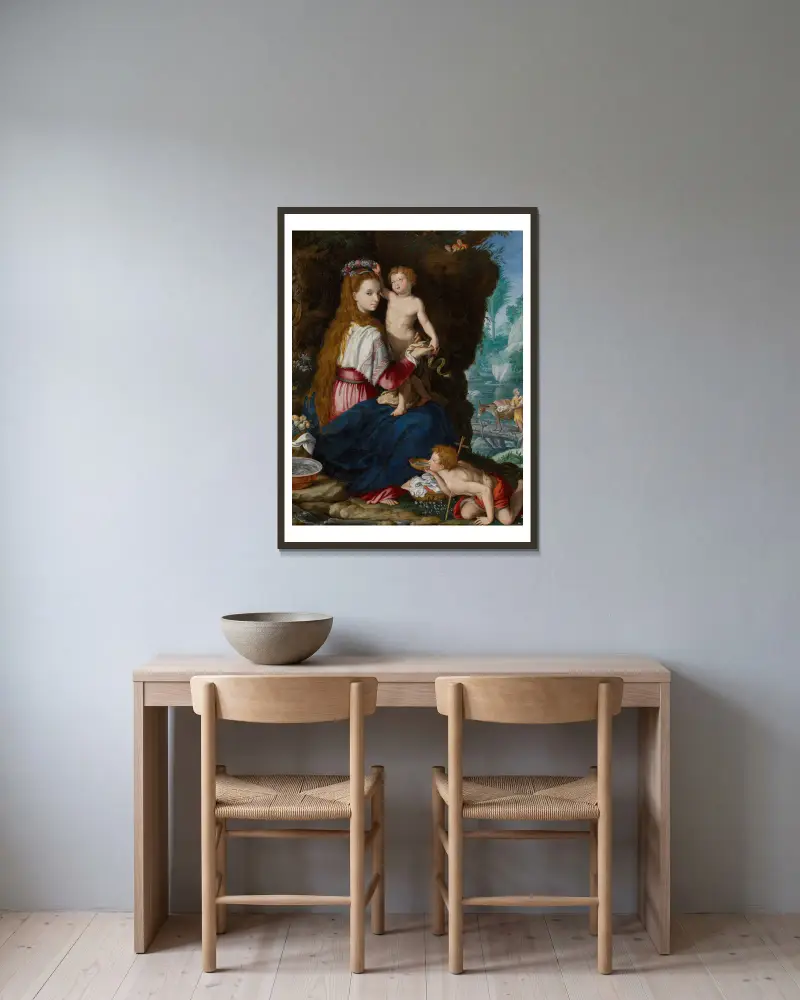 Madonnan med Johannes Döparen som barn av Alessandro Allori inramad på en vägg