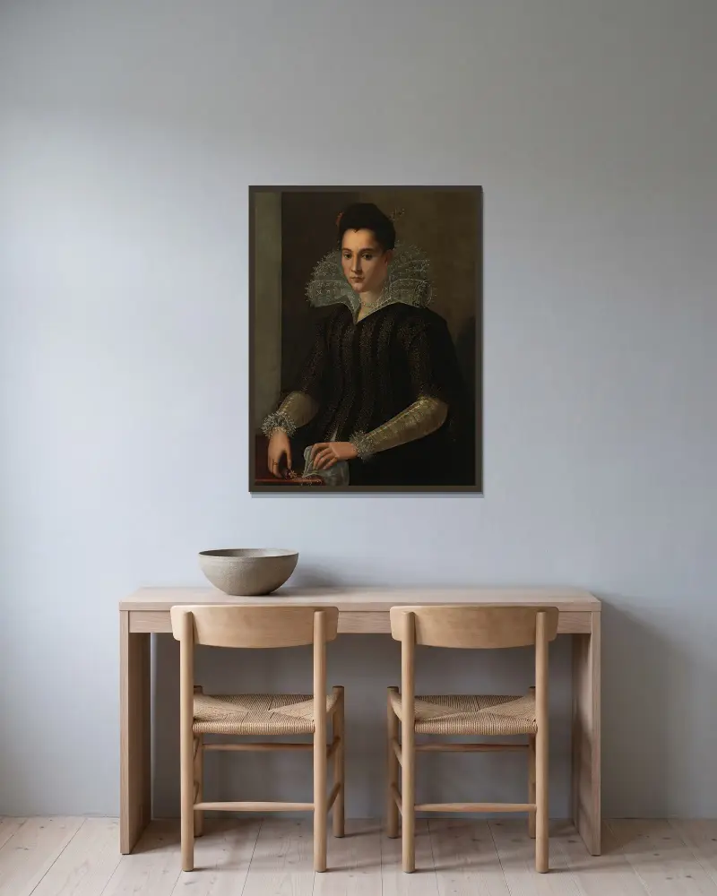 Porträtt av en dam, 1590 av Alessandro Allori inramad på en vägg