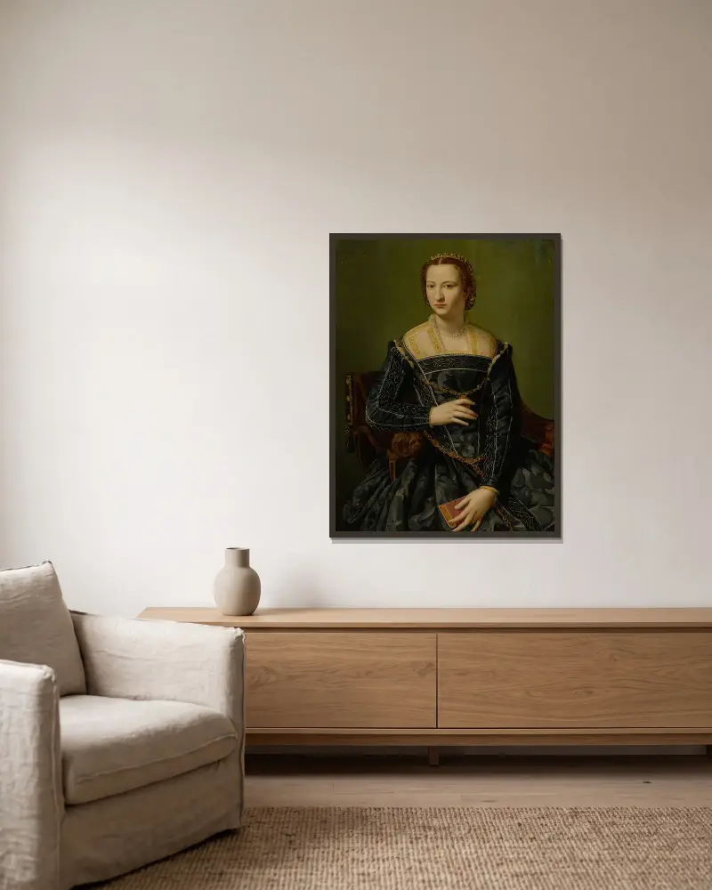 Porträtt av en dam i svart av Alessandro Allori inramad på en vägg