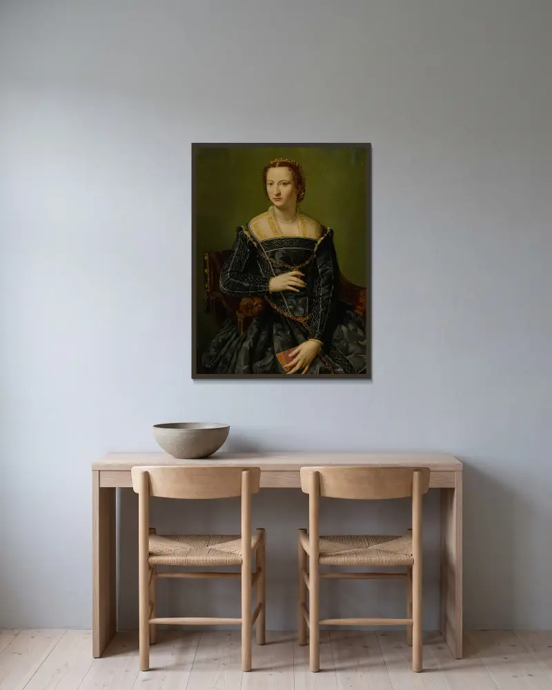 Porträtt av en dam i svart av Alessandro Allori inramad på en vägg