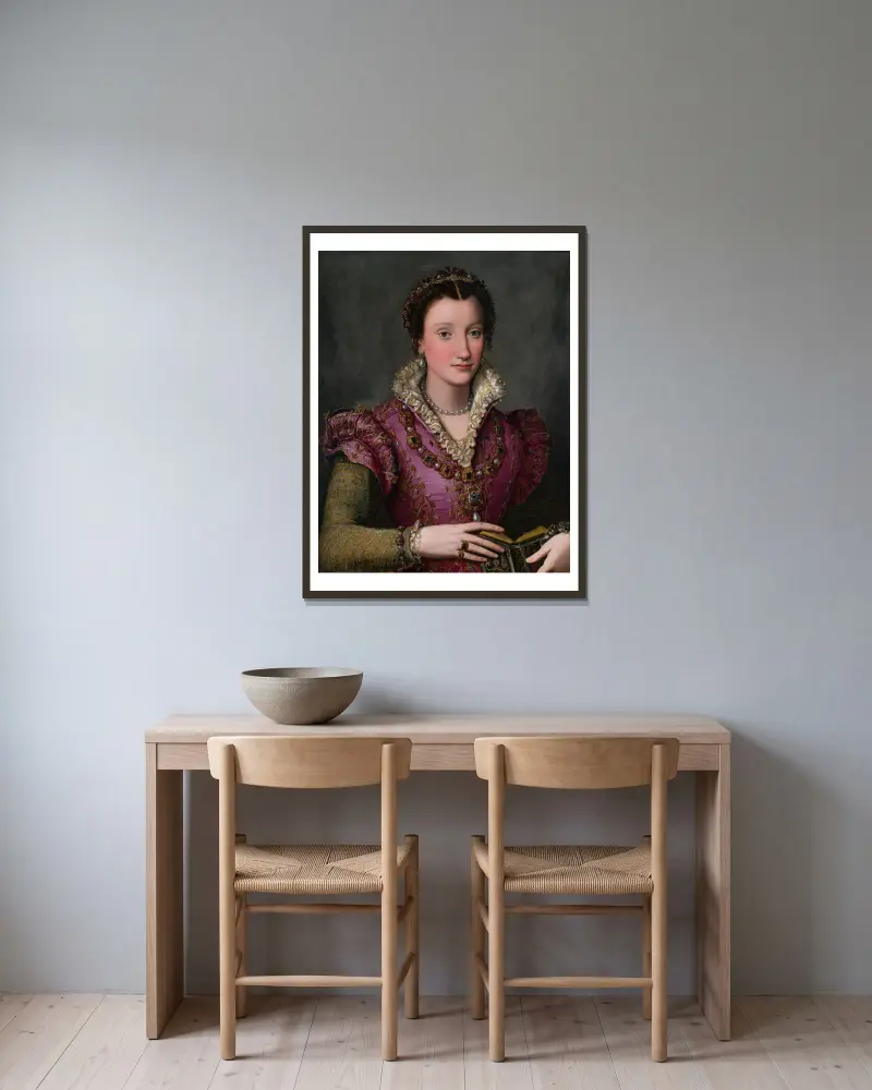 Porträtt av en dam – nr 1 av Alessandro Allori inramad på en vägg