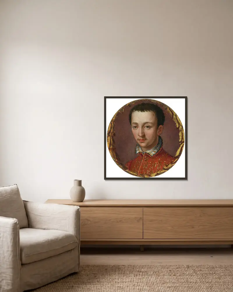 Porträt von Francesco I. de’ Medici von Alessandro Allori gerahmt an einer Wand