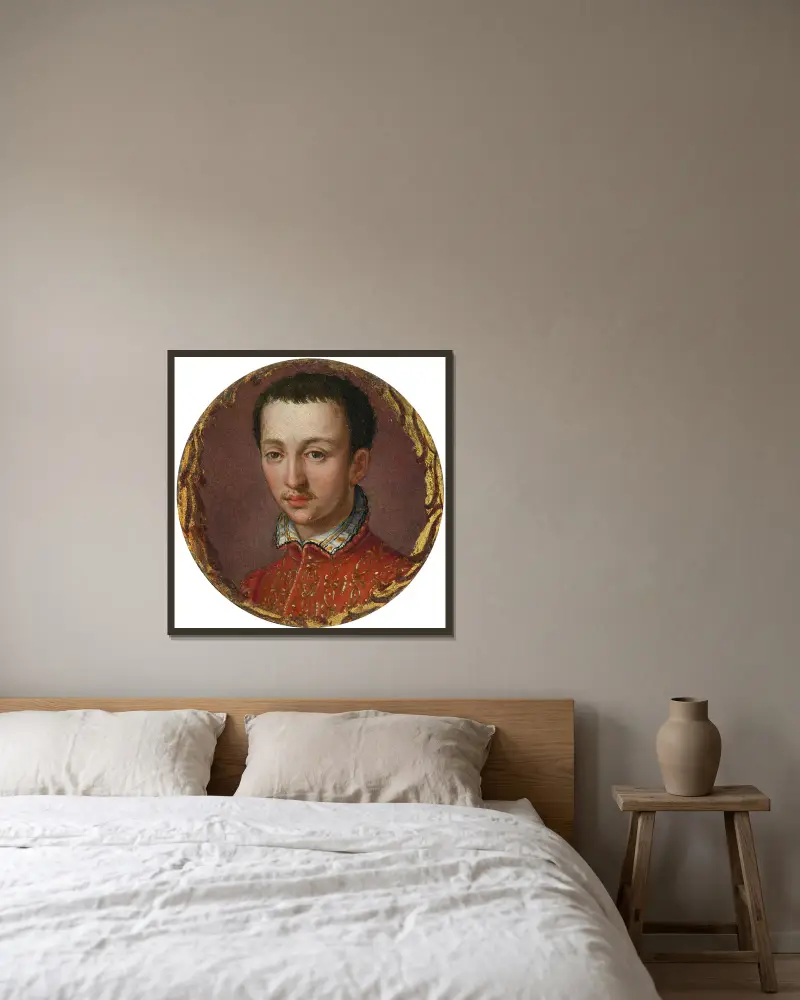 Porträt von Francesco I. de’ Medici von Alessandro Allori gerahmt an einer Wand